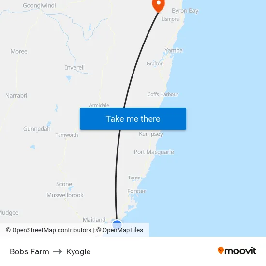 Bobs Farm to Kyogle map