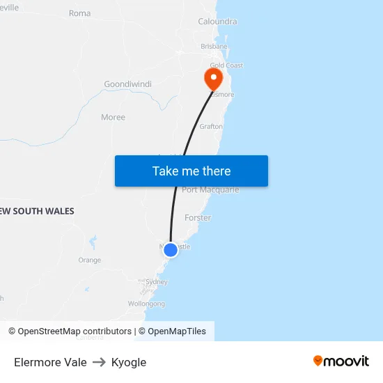 Elermore Vale to Kyogle map