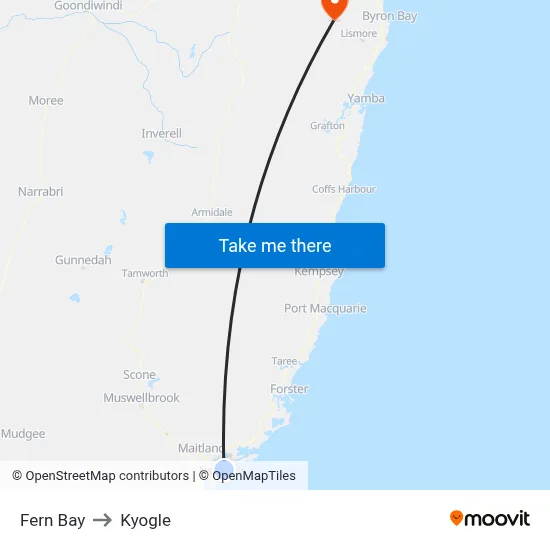 Fern Bay to Kyogle map