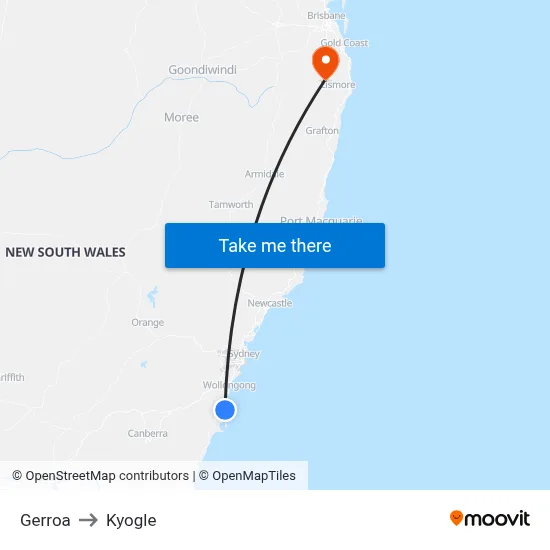 Gerroa to Kyogle map