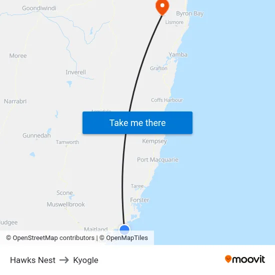 Hawks Nest to Kyogle map