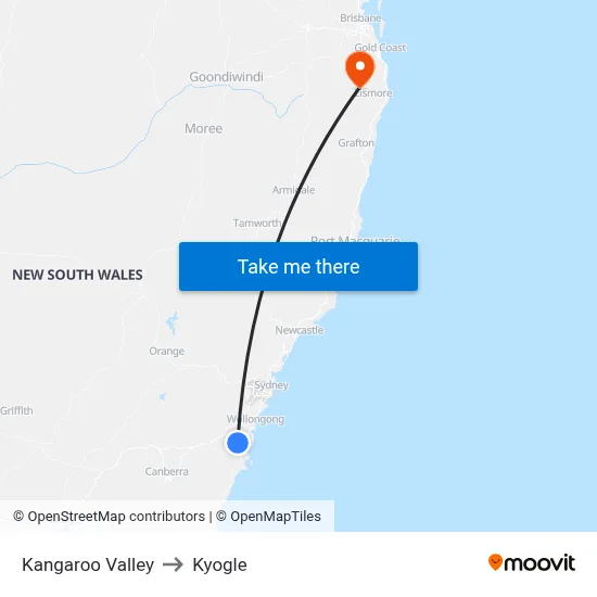 Kangaroo Valley to Kyogle map