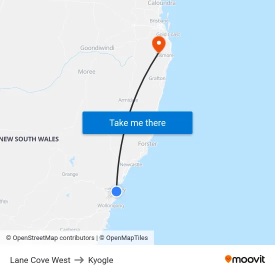 Lane Cove West to Kyogle map
