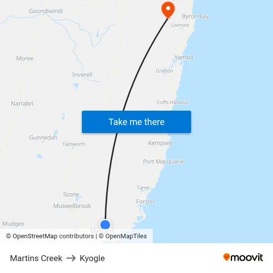 Martins Creek to Kyogle map