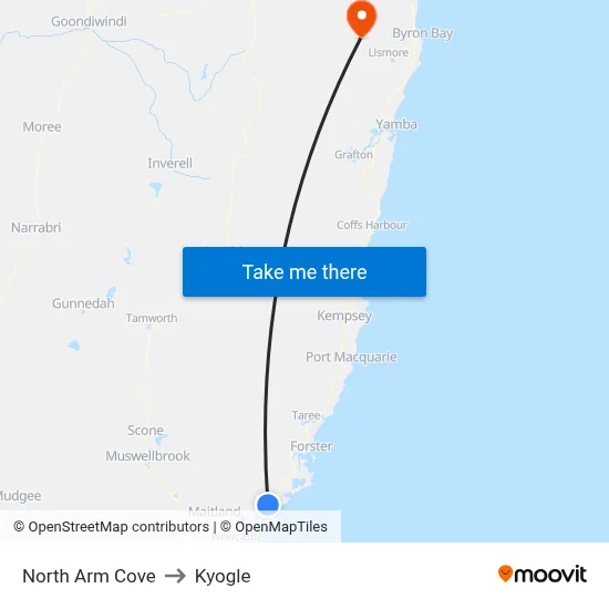 North Arm Cove to Kyogle map