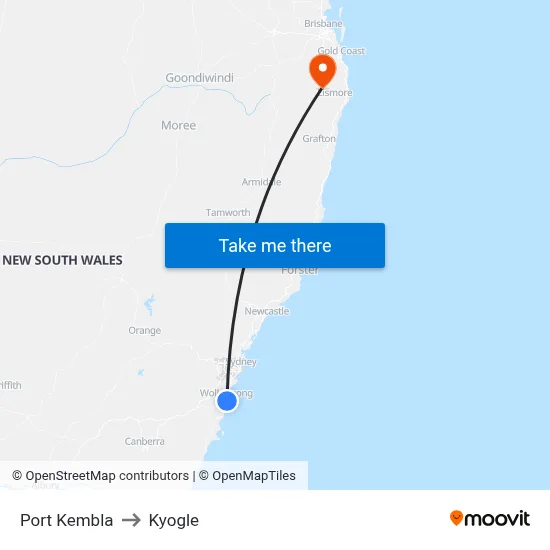 Port Kembla to Kyogle map