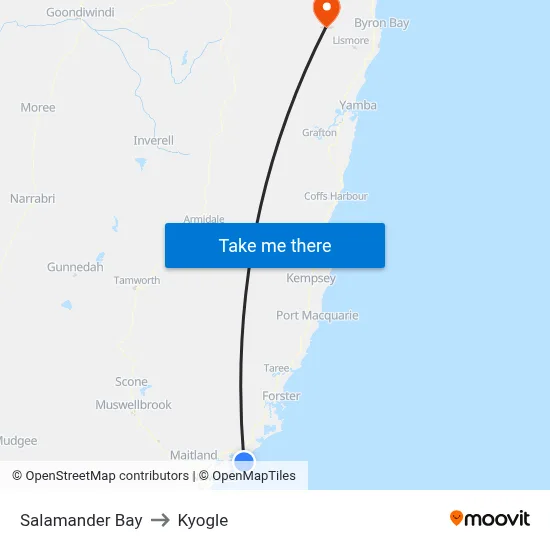Salamander Bay to Kyogle map