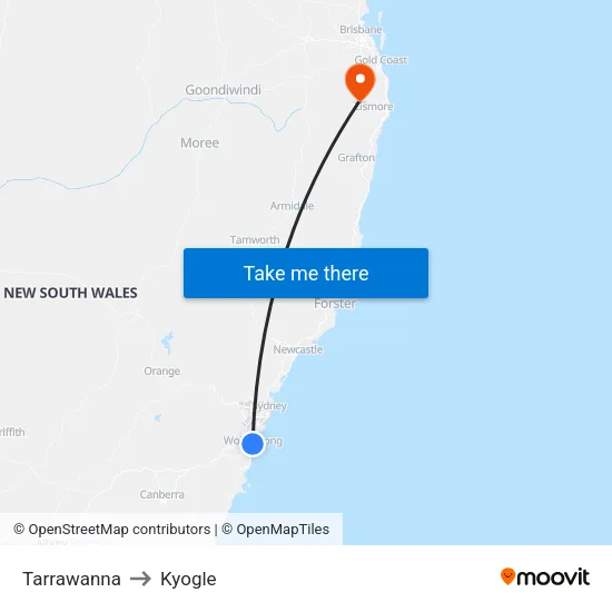 Tarrawanna to Kyogle map