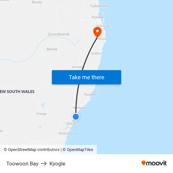 Toowoon Bay to Kyogle map