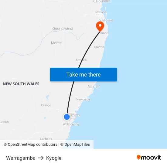 Warragamba to Kyogle map
