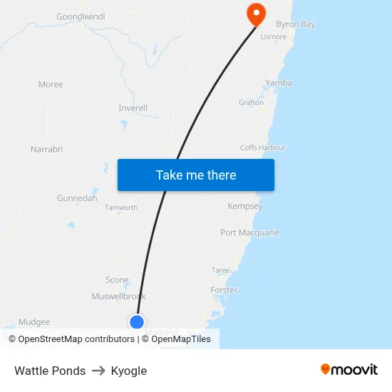 Wattle Ponds to Kyogle map