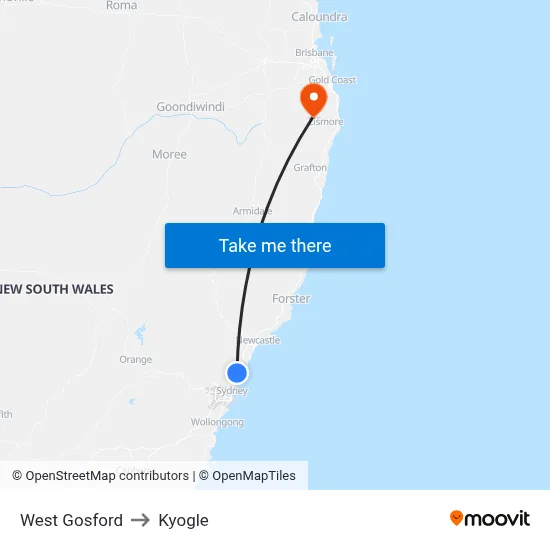 West Gosford to Kyogle map