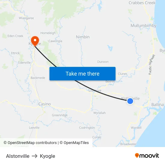Alstonville to Kyogle map