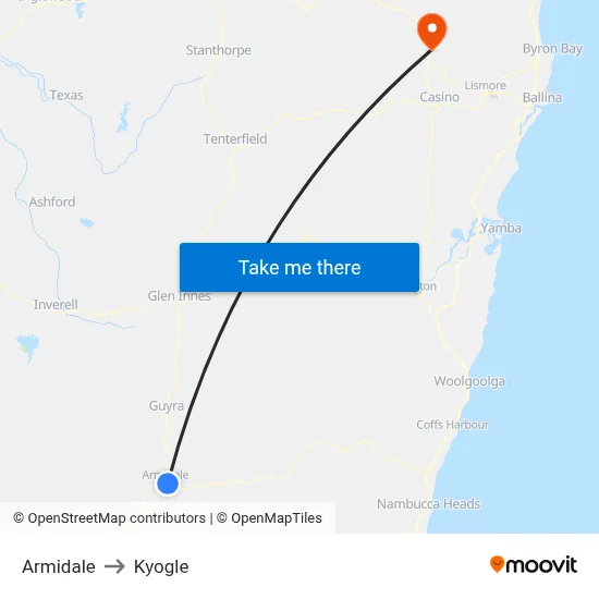 Armidale to Kyogle map