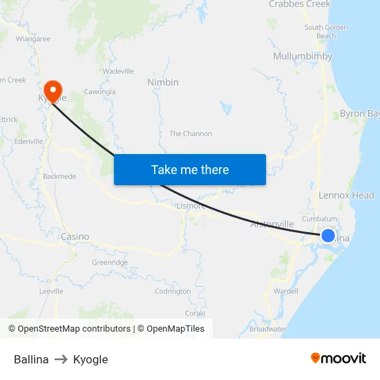 Ballina to Kyogle map