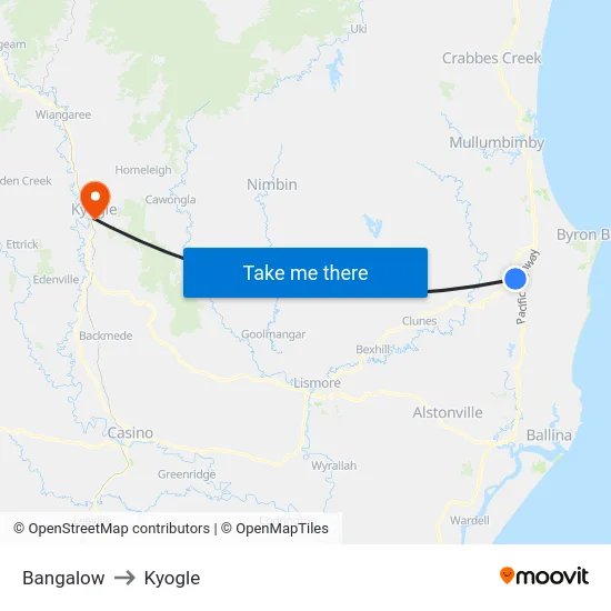 Bangalow to Kyogle map