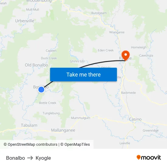 Bonalbo to Kyogle map