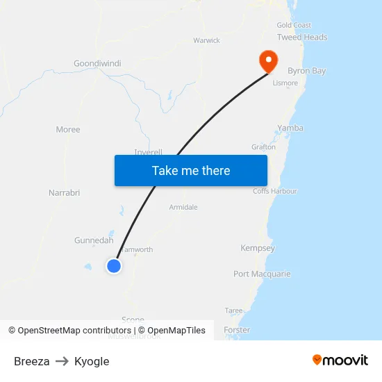Breeza to Kyogle map