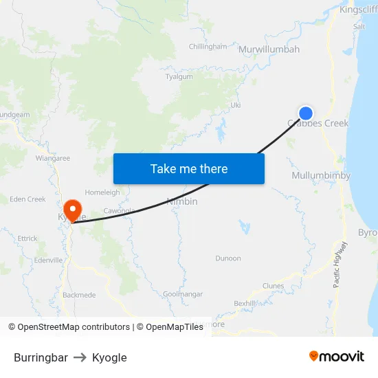 Burringbar to Kyogle map