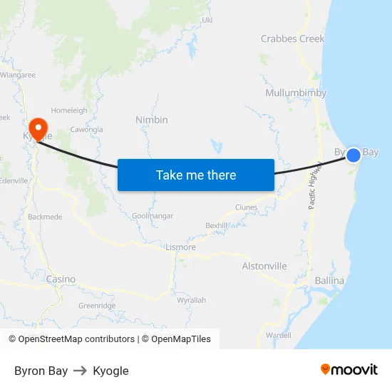 Byron Bay to Kyogle map