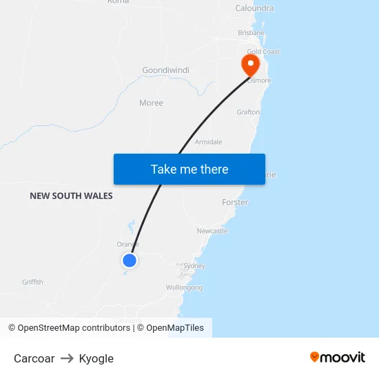 Carcoar to Kyogle map