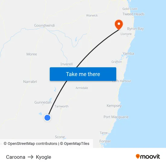 Caroona to Kyogle map