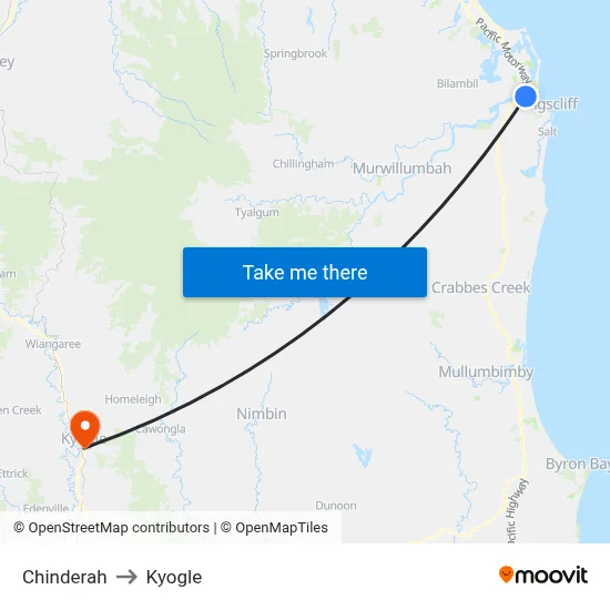 Chinderah to Kyogle map