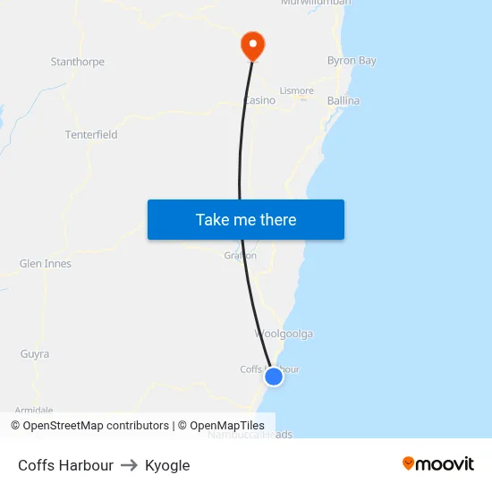 Coffs Harbour to Kyogle map