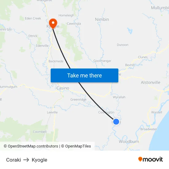 Coraki to Kyogle map