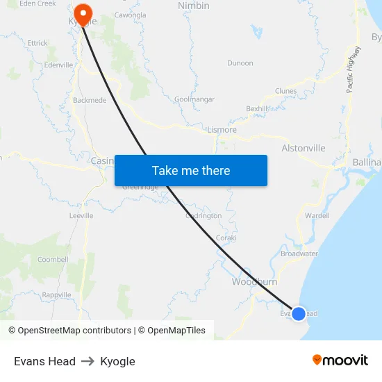 Evans Head to Kyogle map