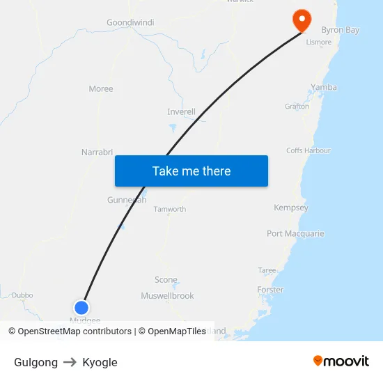 Gulgong to Kyogle map
