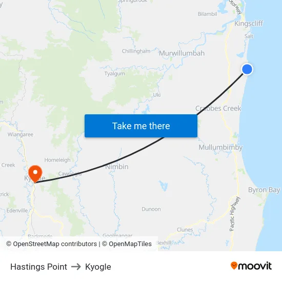 Hastings Point to Kyogle map