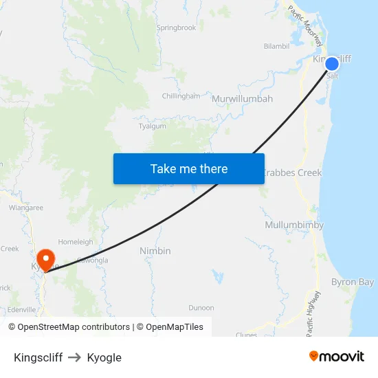 Kingscliff to Kyogle map