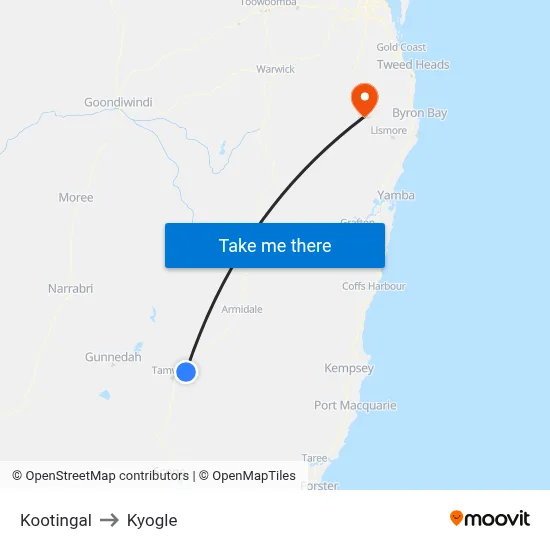 Kootingal to Kyogle map