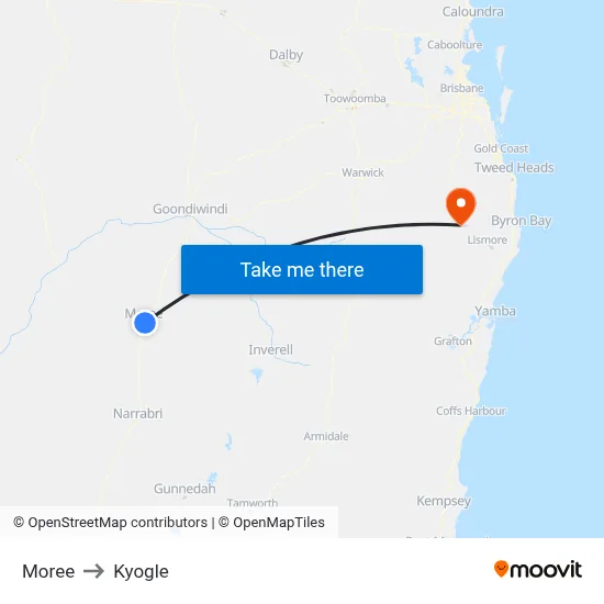 Moree to Kyogle map