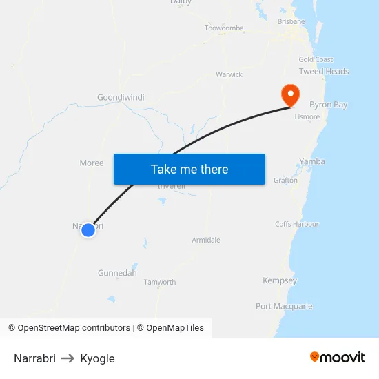 Narrabri to Kyogle map