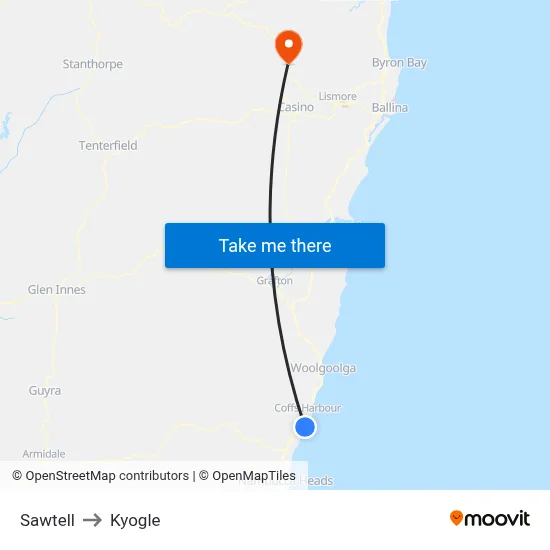 Sawtell to Kyogle map