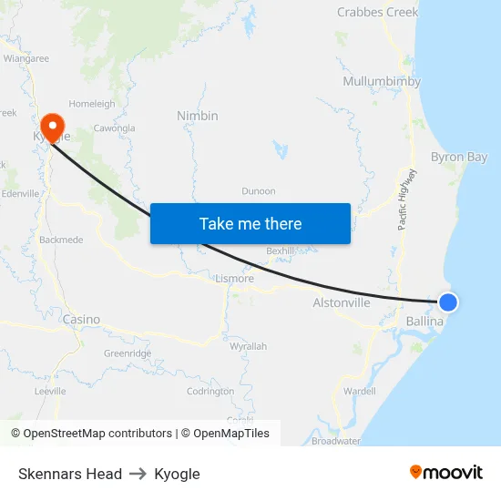 Skennars Head to Kyogle map