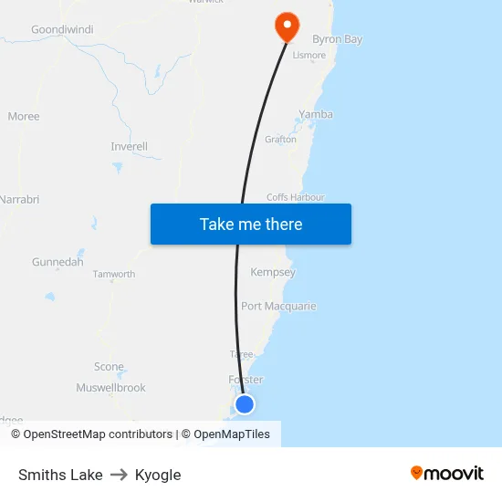Smiths Lake to Kyogle map