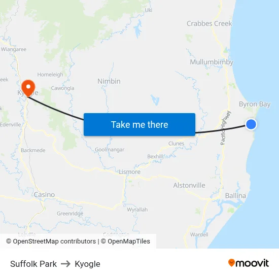 Suffolk Park to Kyogle map