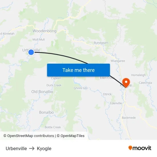 Urbenville to Kyogle map