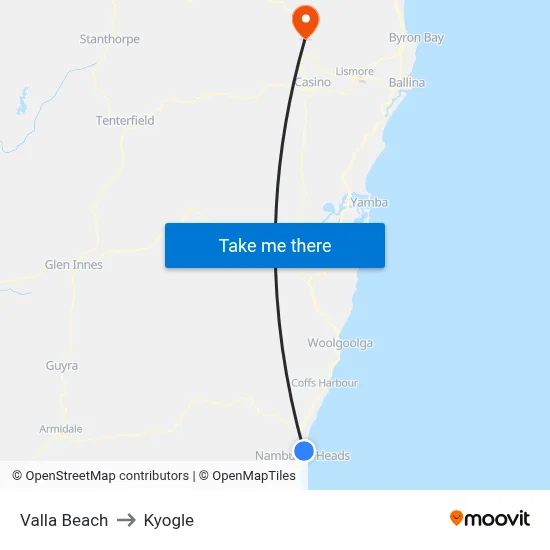 Valla Beach to Kyogle map