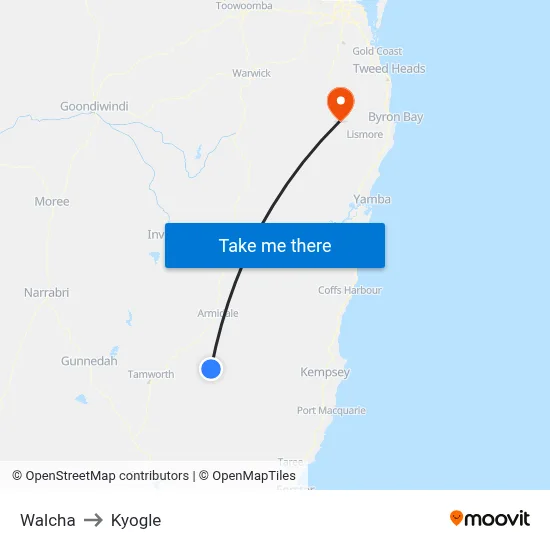 Walcha to Kyogle map