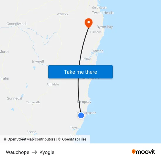 Wauchope to Kyogle map