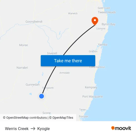Werris Creek to Kyogle map