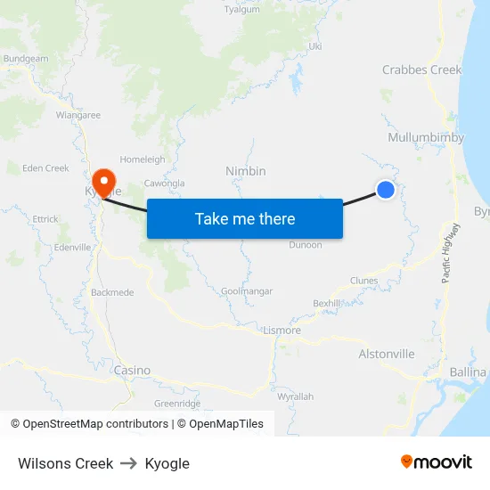 Wilsons Creek to Kyogle map