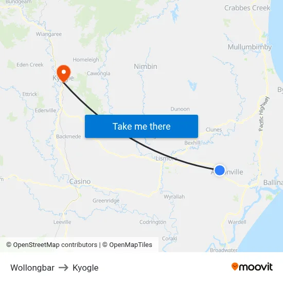 Wollongbar to Kyogle map