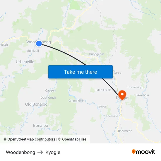 Woodenbong to Kyogle map