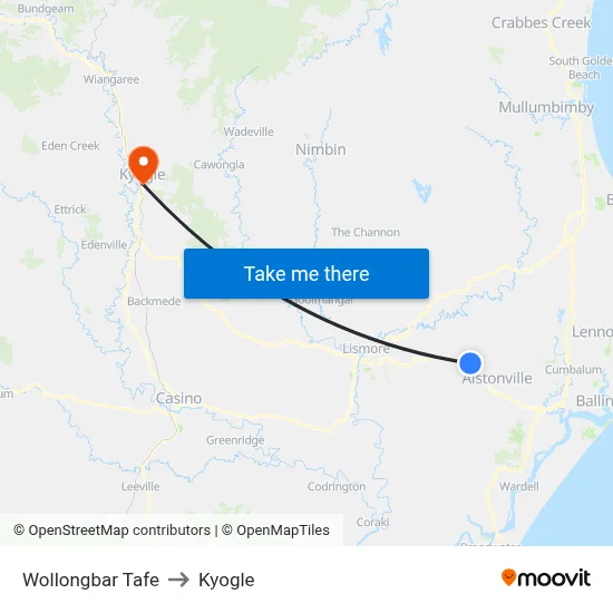 Wollongbar Tafe to Kyogle map