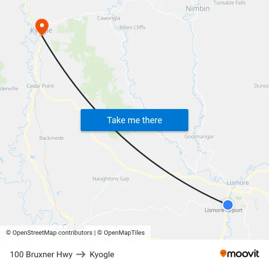 100 Bruxner Hwy to Kyogle map